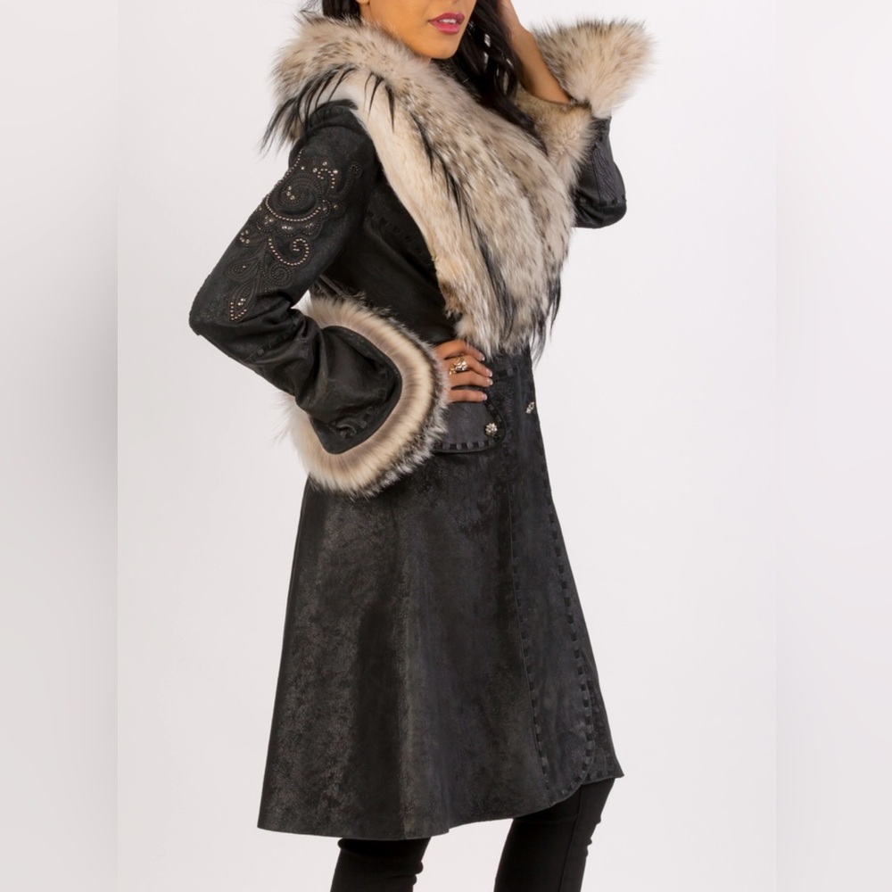 Hoss Couture Black Brick Italian Lamb w/Studs & Crystal w/Badger Fur & Goat Trim